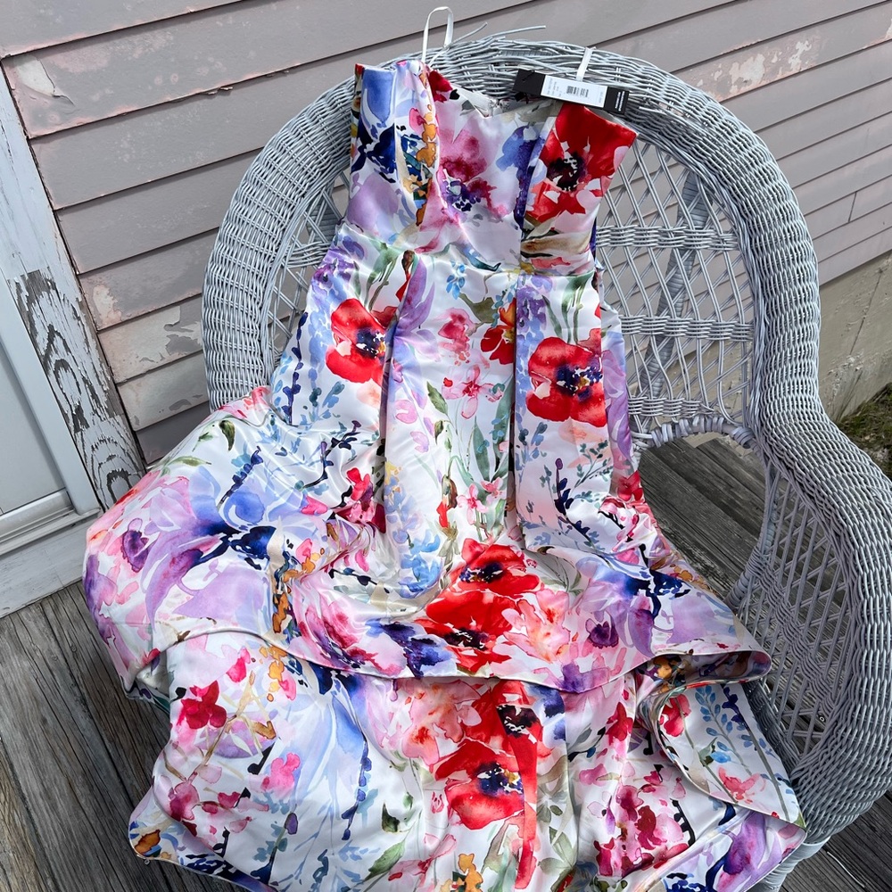 Parker Black Strapless Floral Satin Party Dress in Multi-Color